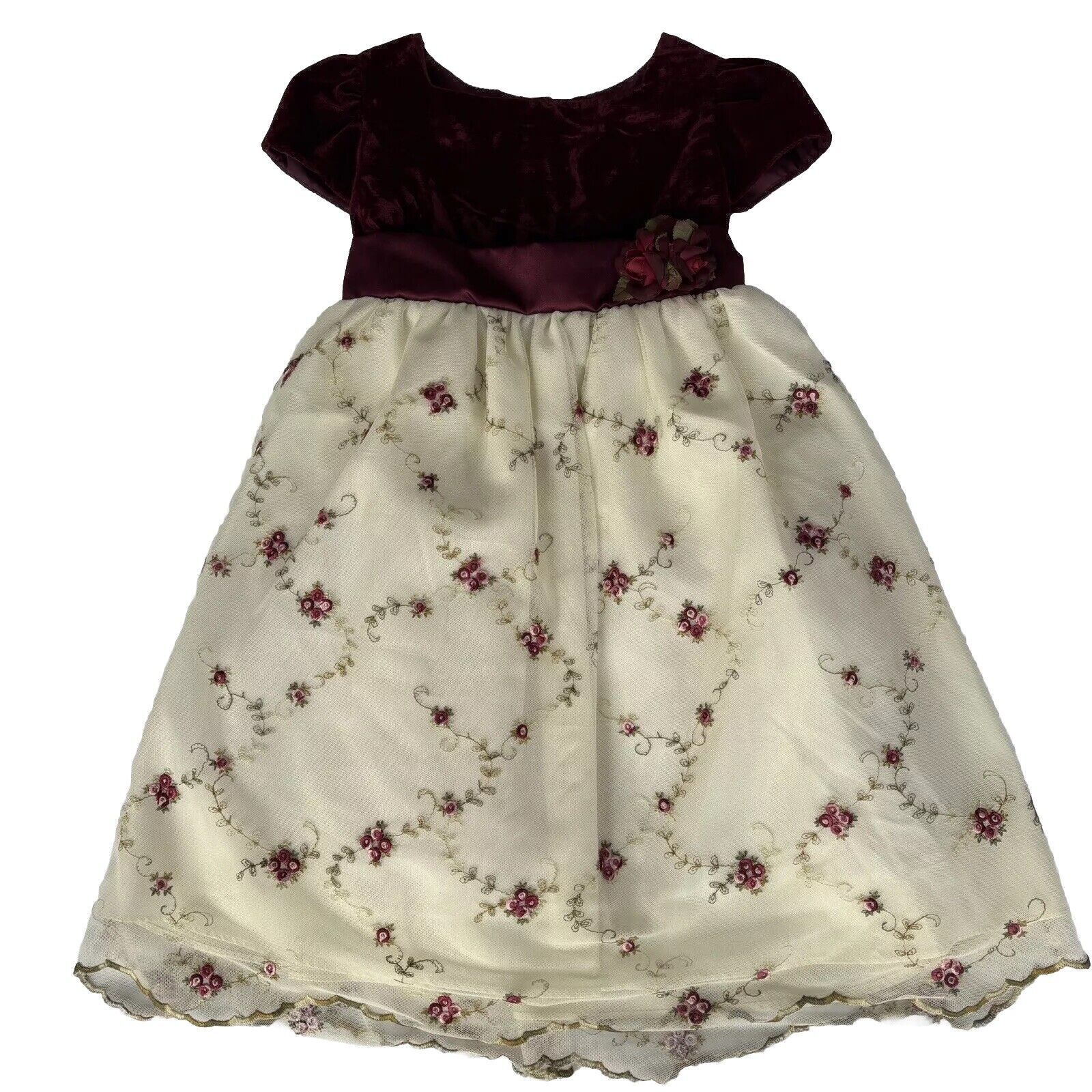 La Princess Girls Holiday Formal Dress Maroon Cream Floral Size 4t